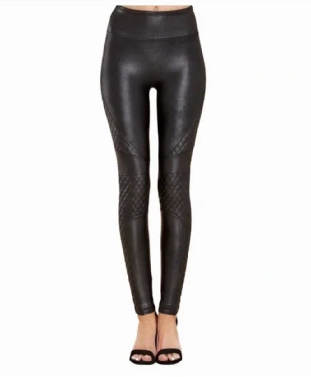 SPANX Womens Very Black Quilted Moto Faux Leather Leggings Size Small Black